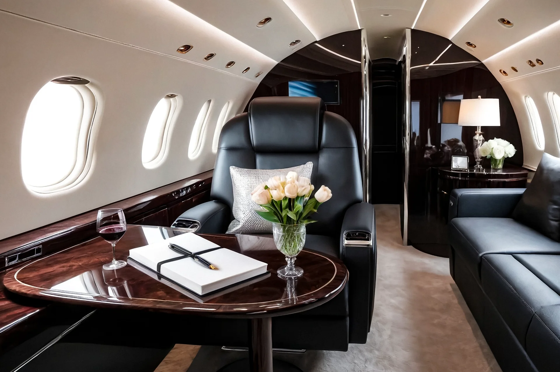 Jay-Z Beyoncé Privatjet Luxury Salon mit Blumen und Champagner